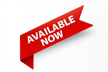 Available now red banner on white background