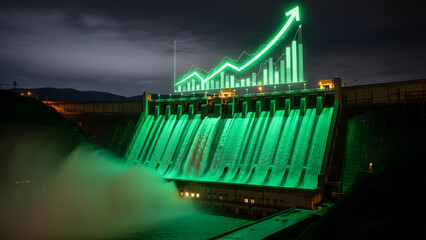 Hydroelectric dam with green graph arrow at night, water flowing down spillway isolated on white background