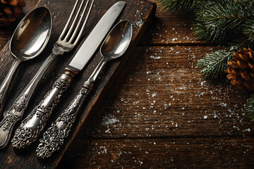 Cutlery set on wooden table, top view with space for text. Christmas celebration