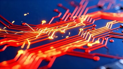 Closeup of red circuit board traces - Powered by Adobe