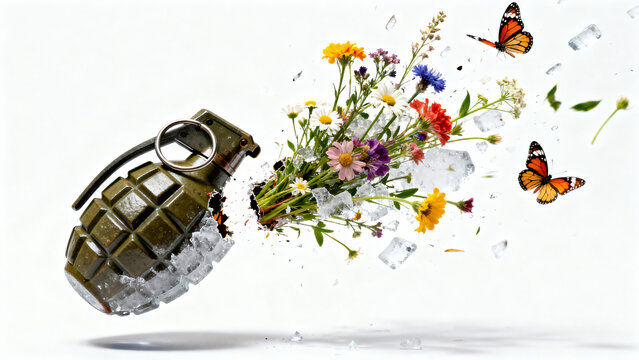 Grenade Exploding with Colorful Flowers and Butterflies in a Creative Abstract Concept