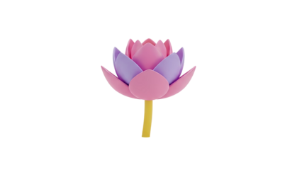 3D Pink and purple lotus flower with yellow stem on transparent background