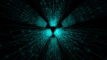 Neon lights rotate in sci-fi energyl wired tunnel creating futuristic mystery overlay