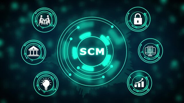 Supply Chain Management SCM icons and abstract digital interface with glowing circles and bokeh effect Keywords: SCM, supply chain management, logistics, business, management, operations