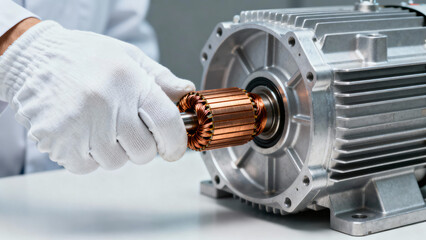 Hand of Engineer Assembling Electric Motor with Copper Coil Rotor on Table