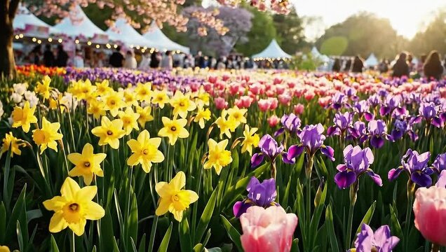 A vibrant flower festival with colorful tulips, daffodils, and irises in full bloom under the warm sunlight, with tents and people in the background.