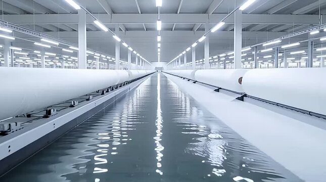 Modern Industrial Facility Featuring Large Rolls of White Fabric or Paper in a Futuristic Automated Production Line with Reflective Surfaces
