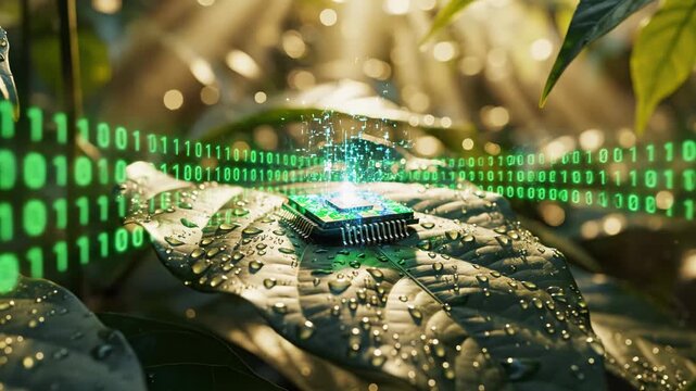 Microchip on a leaf with green binary code overlay, symbolizing technology in nature