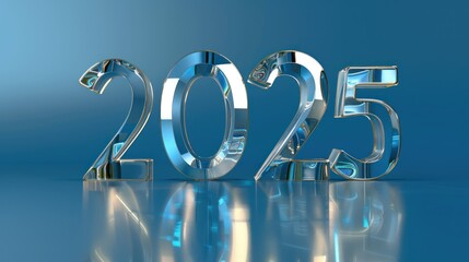 Futuristic Silver Number 2025 in Blue Environment with Reflective Surface