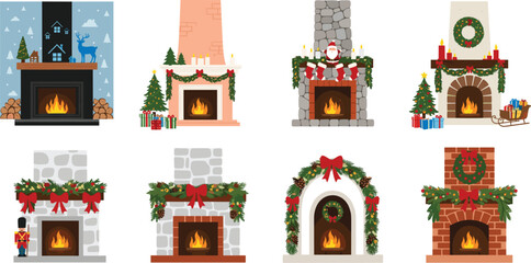 Christmas fireplace collection with festive garlands wreaths candles gifts and cozy holiday winter home interior vector set