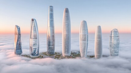 Futuristic Skyscrapers Towering Above Cloud Layer During Sunrise