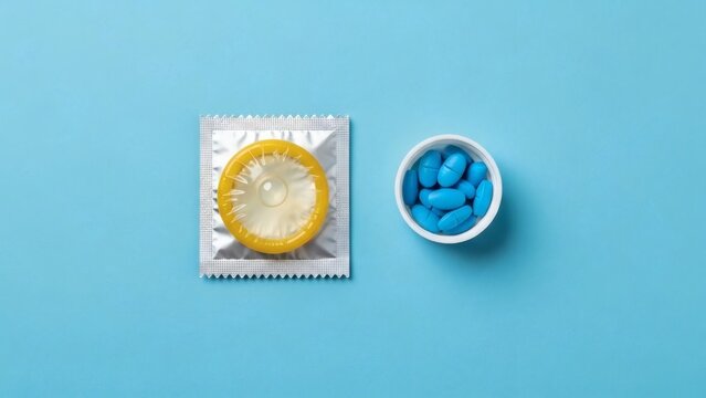 Safe choices Condom with blue pills on blue background Prevention concept.