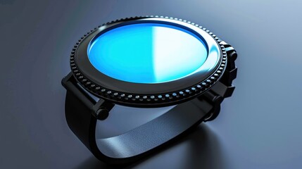 Futuristic Smartwatch with Circular Touchscreen and Black Band on Gray Surface