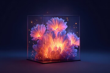 Abstract Floral Display Illuminated Inside a Glass Cube with Glowing Details