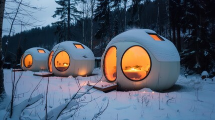 Futuristic Snowy Cabin Pods Warmly Lit in Forest Winter Scene