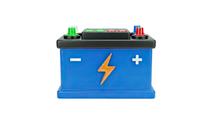 3D Car battery with lightning bolt and plus minus signs on transparent background