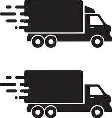 Two black silhouettes of delivery trucks speeding with motion lines