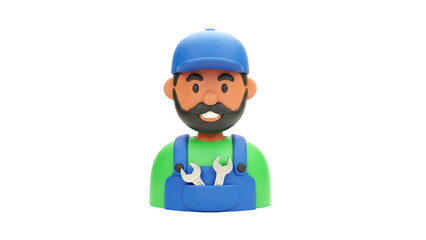 3D Cartoon mechanic with wrench in overalls and blue cap on transparent background