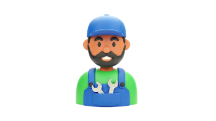 3D Cartoon mechanic with wrench in overalls and blue cap on transparent background