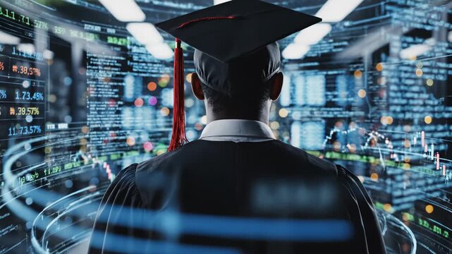 Man in graduation cap and gown looking at digital screens with data and coding graphics around him in a futuristic setting with technology