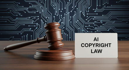 Gavel and AI copyright law text on circuit board background symbolizing digital justice and innovation.