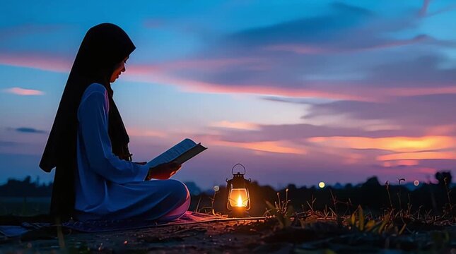 Peaceful Silhouette of a Muslim Girl in Hijab Reading a Book by a Glowing Lantern under a Beautiful Twilight Sunset Sky