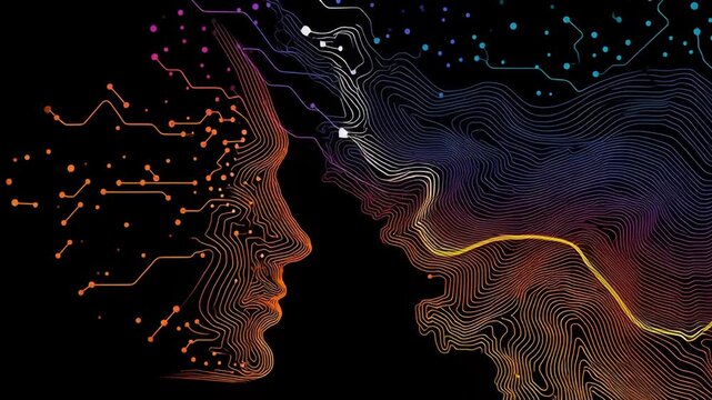 A colorful face with a lot of lines and dots. The face is surrounded by a lot of wires and circuits. Minimal calm visualization of AI analyzing emotional signals, ai driven mental health tools
