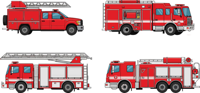 Fire truck collection set showing modern emergency rescue vehicles, ladder engines, and firefighting transport illustrations on white background