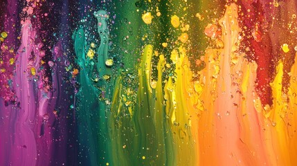 A vibrant abstract painting with splashes of colors in a rainbow spectrum, including shades of purple, blue, green, yellow, orange, and red, with splatters of white and black