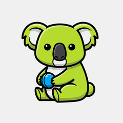 Obraz premium Adorable Green Koala Cartoon Character Playing with a Blue Ball.