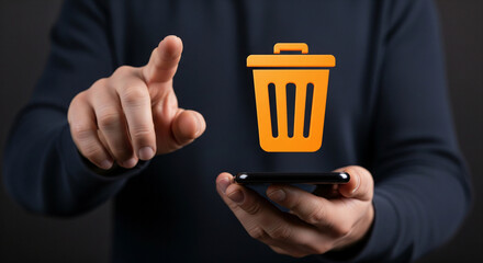 Person deleting digital data on smartphone with a trash can icon appearing
