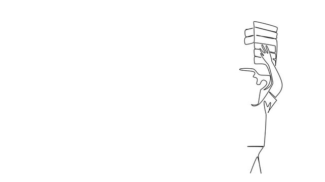 Animation of continuous line drawing of a boy balancing heavy stacked solid bricks on his head, representing under age labor and slavery. World Day Against Child Labor campaign. Full length motion