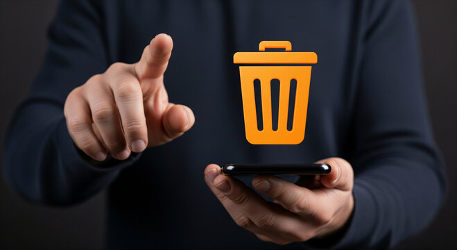 Digital trash bin icon floating over smartphone, person deleting data and files on mobile screen, orange recycle bin symbol for data management