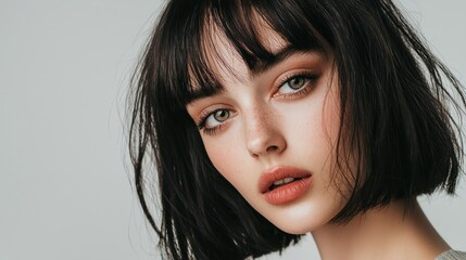 A woman with dark hair and bangs, wearing a light-colored top, poses against a plain background with a soft, diffused light source.