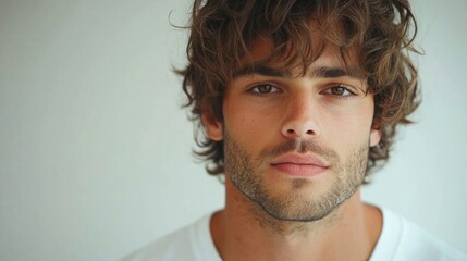 A man with curly hair, wearing a white t-shirt, looking directly at the camera with a serious expression.