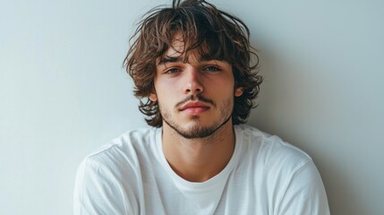 A young man with long, wavy hair wearing a white t-shirt, standing against a plain white wall with a neutral expression.