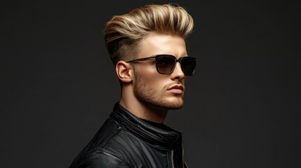 A stylish young man with blonde hair and a beard, wearing a black leather jacket and sunglasses, poses against a dark background.