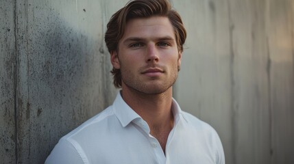 A man with blonde hair wearing a white shirt, standing against a concrete wall with a neutral background.