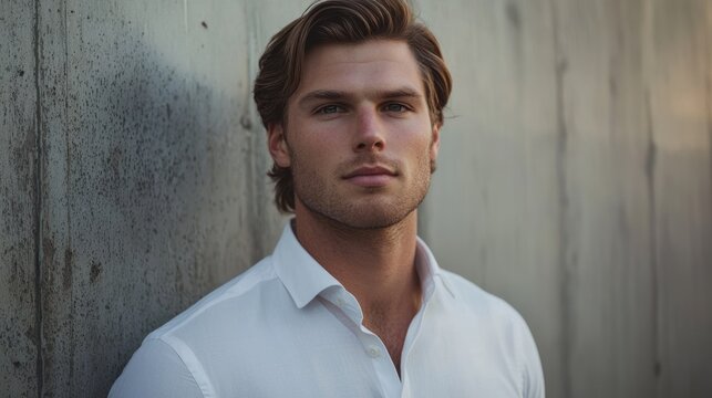 A man with blonde hair wearing a white shirt, standing against a concrete wall with a neutral background.