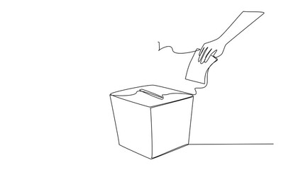 Self drawing animation of one line drawing of hands casting ballots into a box, an international event concept for the International Day of Democracy, transparent governance. Full length animated