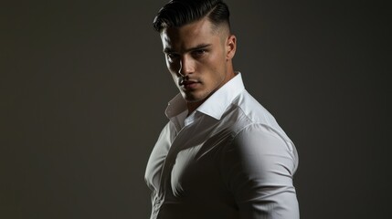 A confident young man with slicked-back hair, wearing a crisp white shirt, stands against a dark background, exuding confidence and style.