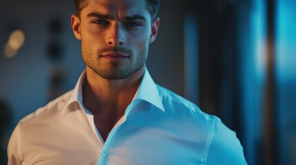 A confident young man in a white shirt, standing in a dimly lit room with blue and black lighting, looking directly at the camera with a serious expression.