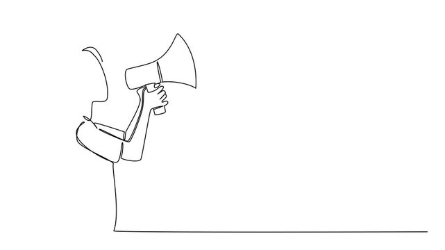 Self drawing animation of continuous line draw of a woman speaking through a megaphone, an international event concept for the International Day of Democracy, boosting advocacy. Full length animated