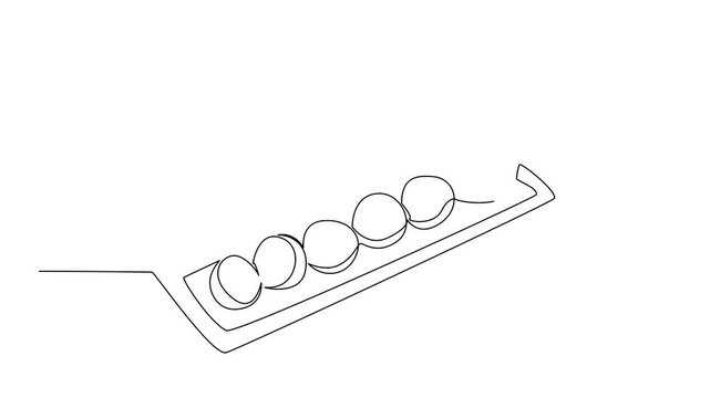 Self drawing animation of one line drawing of a long tray of falafel with tahini cup, an international event concept for International Falafel Day, pita wraps and casual sharing. Full length animated