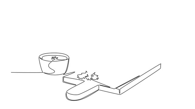 Animation of one line drawing of stacked falafel balls on a wooden board with parsley sauce for International Falafel Day ads, highlighting Middle Eastern flavors festive dining. Full length motion