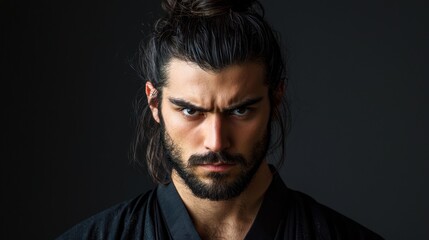 A man with long hair and a beard, wearing a black shirt, stands against a dark background with a serious expression.