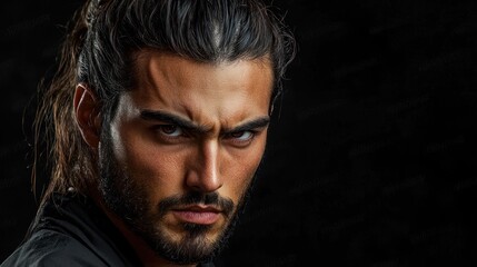 A man with long hair and a beard, wearing a black shirt, stands against a dark background with a dramatic lighting effect.