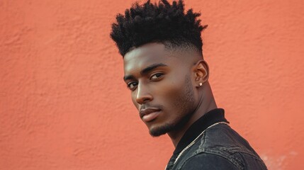 A young man with a stylish afro hairstyle, wearing a black jacket, stands against a vibrant orange wall, looking directly at the camera with a serious expression.