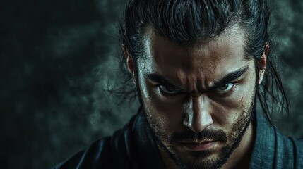 A man with long hair and a beard, wearing a dark outfit, stands in front of a dark background with a dramatic lighting effect, creating a moody atmosphere.