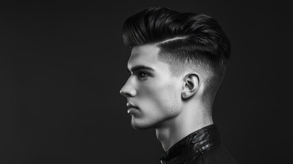 A man with a stylish haircut, wearing a black leather jacket, stands against a dark background.